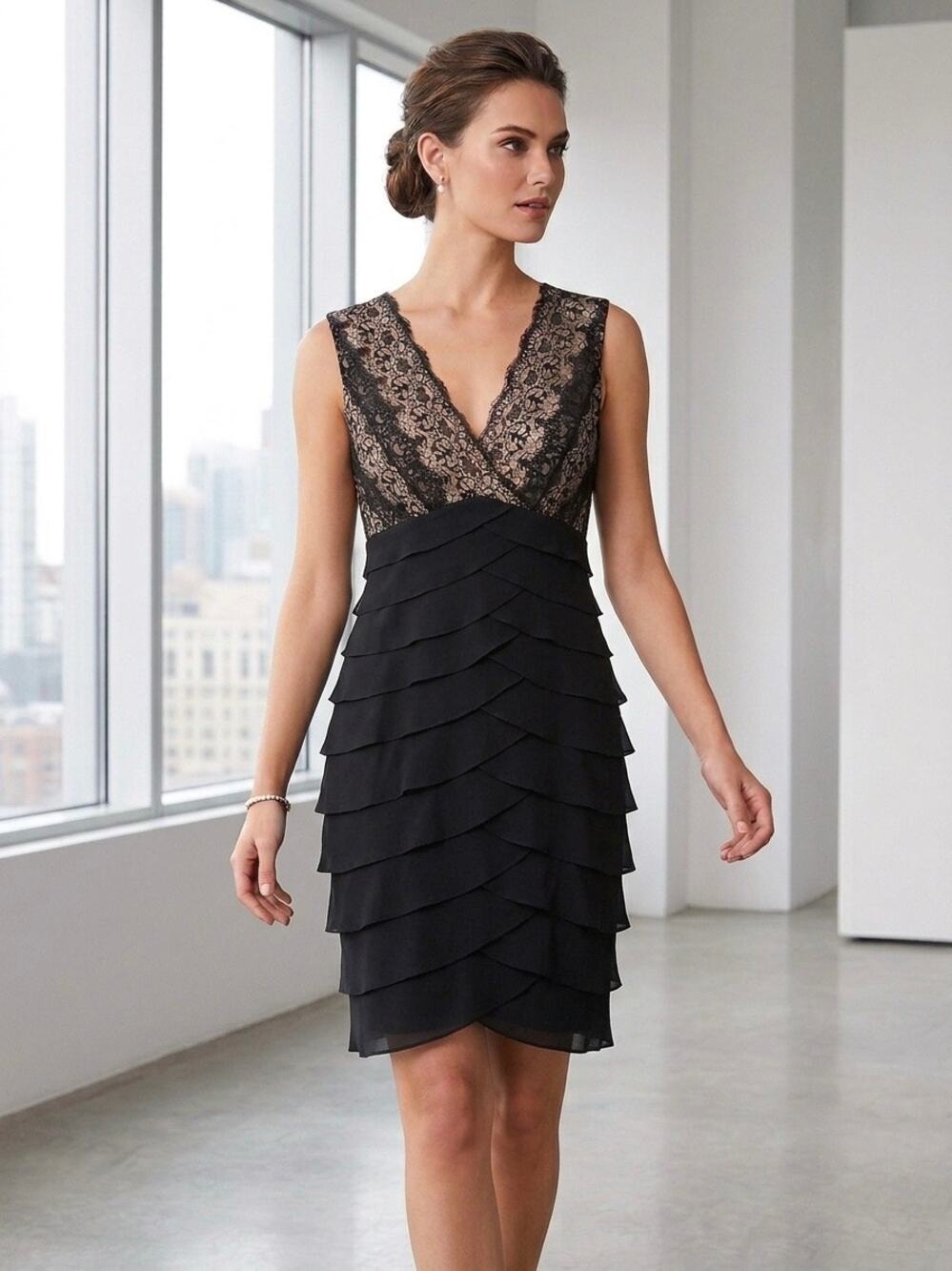 Black Lace Tiered Cocktail Dress V-Neck Layered Sheath LBD Women Size 12